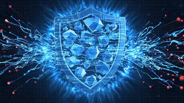 Cyber Security Shield with Glowing Blue Digital Network Fragments, Shattered Crystal Geometry, Futuristic Firewall Encryption, Advanced Data Protection, Technology Defense Background, Digital
