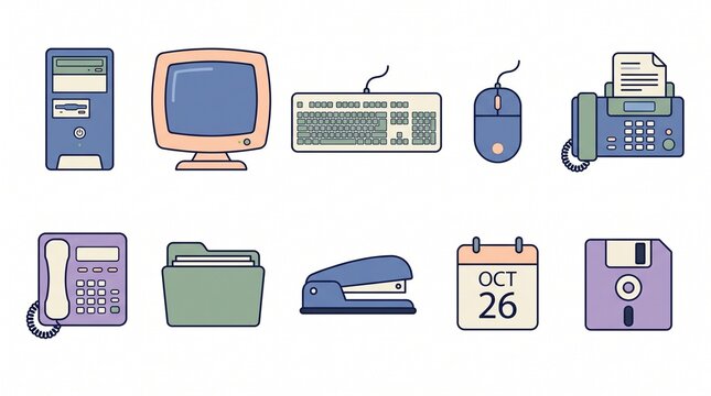 Retro Y2K Office Equipment Icon Set with CRT Monitor Floppy Disk and Desktop PC