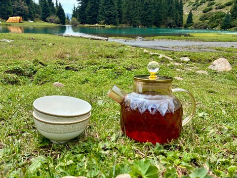 Traditional Kyrgyz tea pot with two cups on the grass with beautiful lake background in Issyk Kul area of Kyrgyzstan