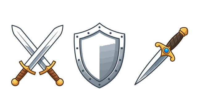 3D metallic swords and shield emblem set for medieval fantasy games and knight armor design