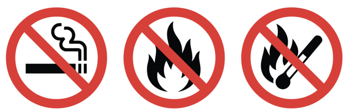 No smoking and no open flame signs representing prohibited smoking, matches, flames, fire hazards, and safety precautions