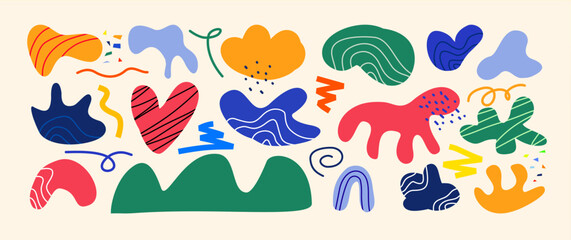 Obraz premium Colorful abstract organic shapes set. Doodle blobs, wavy lines, and rainbows on beige. Trendy Y2K aesthetic