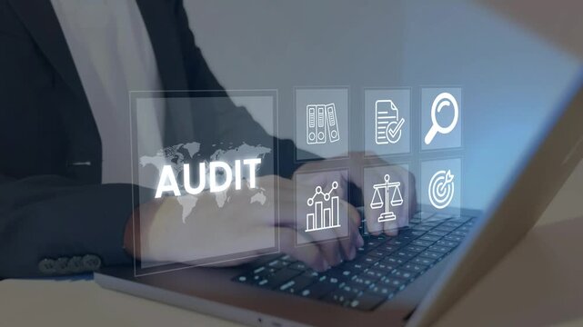 Business audit concept. virtual interface displaying audit, and compliance data analysis icons. Evaluation financial, standard certification