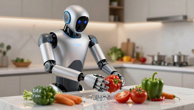 Smart Kitchen Robot Helper Prepping Ingredients for Dinner
