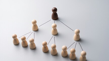Obraz premium Wooden People Hierarchy Network with Leader Connected to Team on White Background, Business Organization, Management Structure, Leadership, Corporate Communication, Human Resources and Teamwork Concep