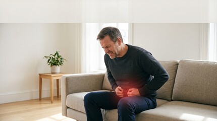 Fototapeta premium Middle Aged Man Holding Lower Abdomen in Pain on Sofa at Home, Stomach Ache, Abdominal Cramps, Digestive Disorder, Indigestion, Illness, Gastrointestinal Problem and Healthcare Symptom Concept