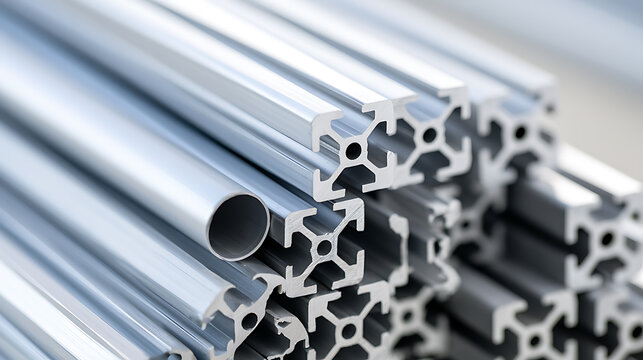 Industrial aluminum extrusion profiles and metal tubes stacked in a warehouse setting, showcasing clean modern manufacturing materials
