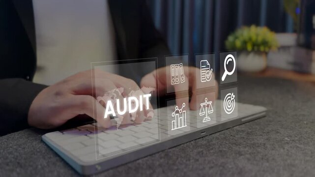 Business audit concept. virtual interface displaying audit, and compliance data analysis icons. Evaluation financial, standard certification