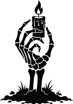 Skeleton hand holding burning candle from graveyard dirt for spooky halloween party decoration.