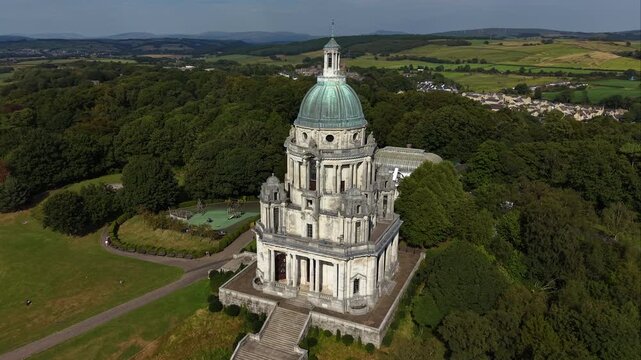 Ashton Memorial at Williamson Park in Lancaster, England.  Aerial Drone view