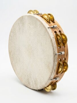 Traditional Wooden Tambourine with Metal Jingles Isolated on White Background - Percussion Musical Instrument