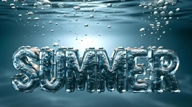 Summer hot vibe lifestyle. A vivid underwater scene features the word SUMMER spelled out in clear, transparent water droplets. The water is a deep blue, and the droplets reflect the light.