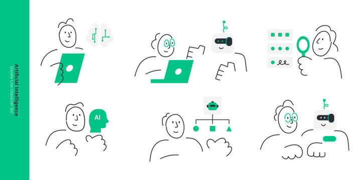 Artificial intelligence and human robot collaboration concepts. Doodle line characters working with ai bot, digital brain, computer data, and machine learning technology.