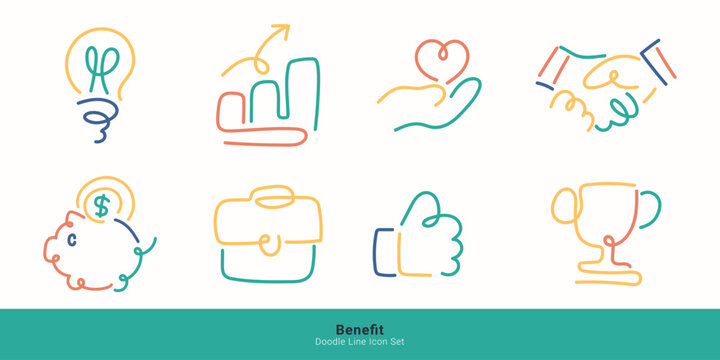 Business benefit and employee welfare concepts. Minimal doodle line icon set including lightbulb idea, growth chart, handshake, piggy bank, briefcase, like thumbs up, and trophy.