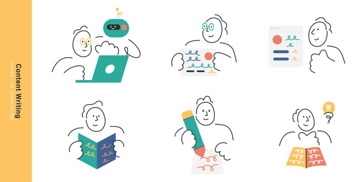 Content writing and copywriting concepts. Doodle line characters writing with big pencil, using ai generator, reading book, blogging, and creating ideas.