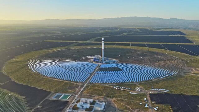 Molten salt tower solar thermal power plant at sunrise, new energy source, super mirror power plant, prism tower