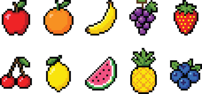 Pixel art fruit icons set, retro video game style vector illustration with apple, orange, and pineapple.