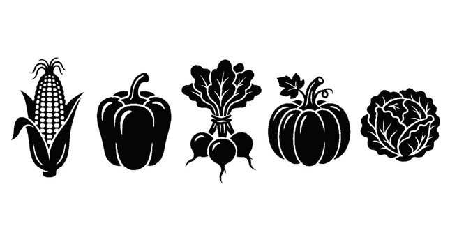 Minimalist black vegetable silhouettes set featuring corn pepper radish pumpkin and cabbage icons for culinary design projects