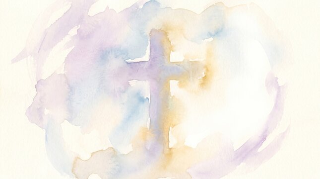Cross watercolor pastel purple gold abstract christian painting texture spiritual soft lavender yellow blue background faith religion religious sacred holy easter light wash paper artistic