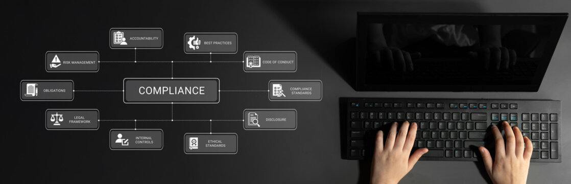 A modern representation of compliance elements showcasing a keyboard, symbols, and a structured layout, ideal for educational or business purposes related to compliance management. Ledger