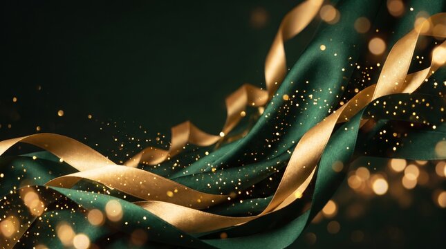 Ribbon fabric silk gold green luxury bokeh glitter wave emerald satin golden sparkle particle flowing dark background elegant smooth texture banner celebration party holiday christmas