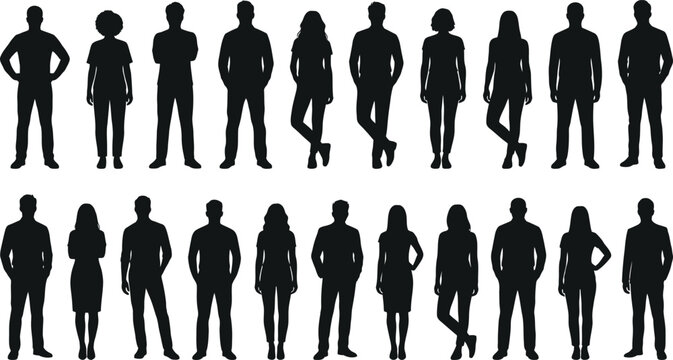Diverse men and women standing silhouette collection featuring different body types, poses, heights, hairstyles, and natural human proportions