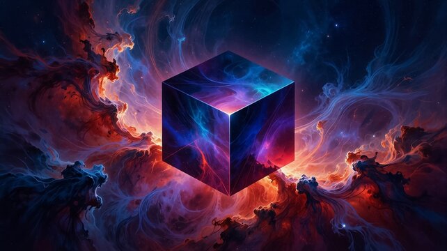 Cosmic Cube Floating in Vibrant Nebula Space