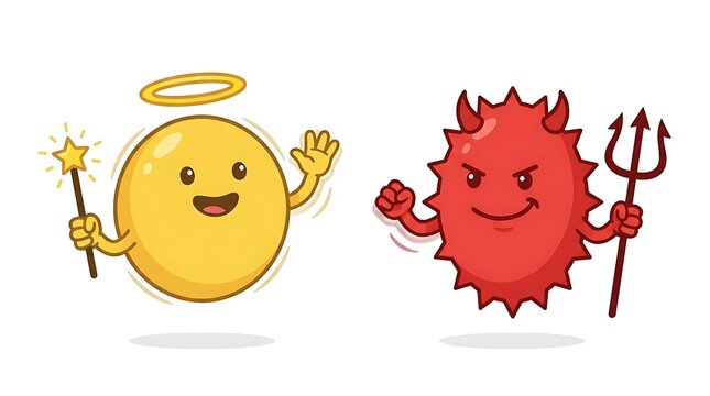 Yellow angel and red devil cartoon with transparent background