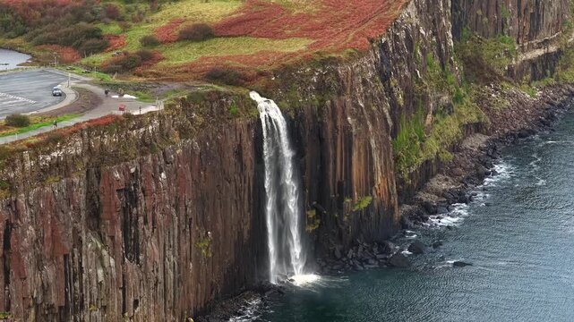 Beautiful Aerial View of Kilt Rock and Mealt Falls, Isle of Skye, Scotland &ndash; Dramatic Coastal Cliffs and Waterfall