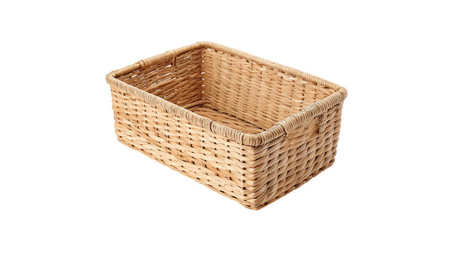Empty rectangular woven wicker storage basket isolated on transparent background