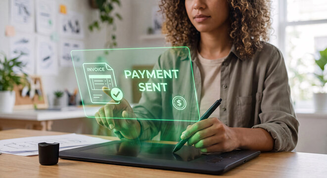 designer touches payment sent hologram, display invoice document icon, show dollar coin symbol, confirm freelance transaction status, track independent contractor billing