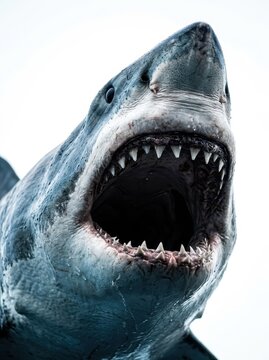 Dramatic Close-up of a Great White Shark with Open Jaws and Sharp Teeth in the Ocean