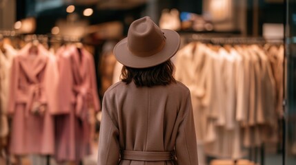 Naklejka premium Woman wearing brown coat and hat standing in front of clothing rack with various coats, shopping for winter apparel in a retail store environment