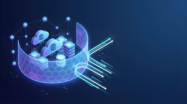 Isometric honeycomb firewall barrier deflecting data traffic streams protecting cloud servers and database infrastructure.