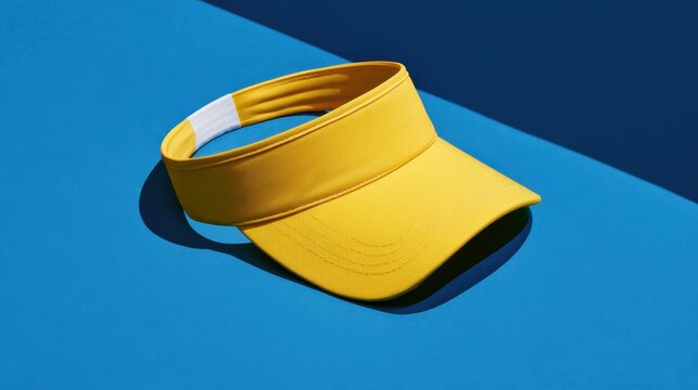 Bright yellow sports visor cap with adjustable white strap isolated on vibrant blue background with dramatic shadow, summer accessory for outdoor activities and fashion