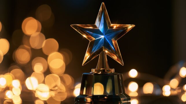 Shiny golden star trophy award on dark background with warm glowing bokeh lights for celebration recognition achievement success and honor concept