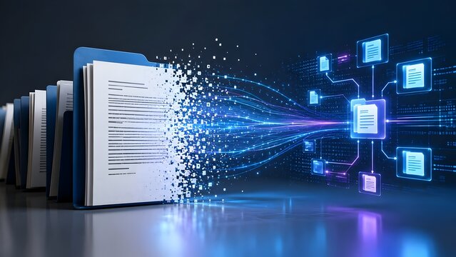 Digital file transfer concept with paper documents converting into network data streams and connected folders