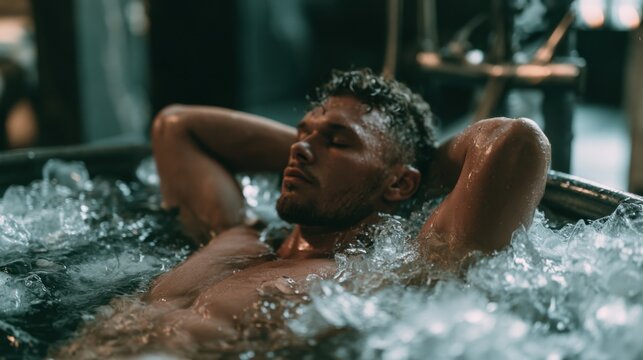 Relaxed young man with wet skin reclining in bubbling water with eyes closed enjoying tranquil moment of peace and calm in dark ambient spa or pool