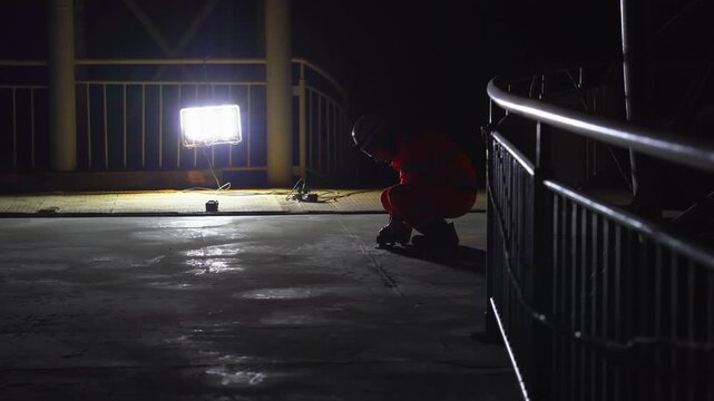 Construction Worker Grinding Surface with Angle Grinder at Night Under Bright Spotlight