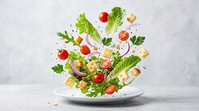 Levitating Fresh Garden Salad Concept Studio Shot on White Background