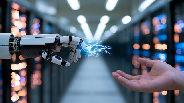 Futuristic humanoid robot hand touch human hand with blue electric spark in modern server room data center network connection concept