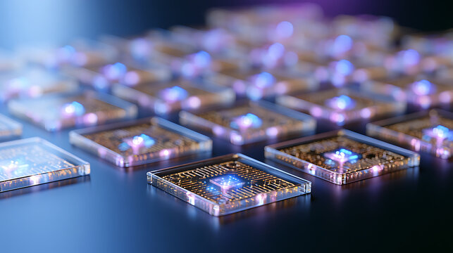 Futuristic microchip processor array glowing with bright blue and purple neon light inside a modern computer hardware technology laboratory