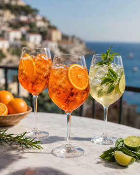 Two bright orange spritz cocktails and a pale herb citrus spritz served over ice on a sunny Mediterranean terrace with a softly blurred coastal backdrop.