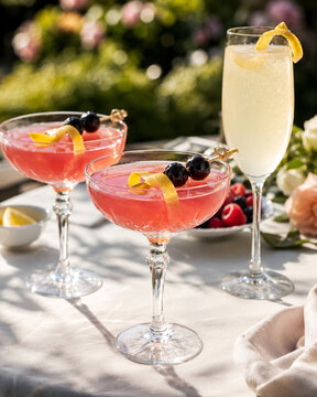 Elegant pink coupe cocktails and a sparkling French 75 style drink with berries and lemon twists on a sunlit garden table with romantic soft-focus greenery.