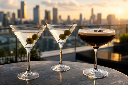 Two classic olive martinis and a rich espresso martini arranged on a reflective rooftop table at golden hour with a softly blurred urban skyline.