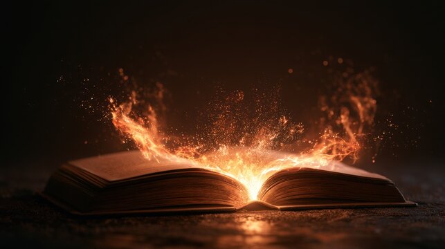 Open ancient book with glowing magical fire and sparks rising from pages on dark background creating mysterious fantasy atmosphere and enchantment