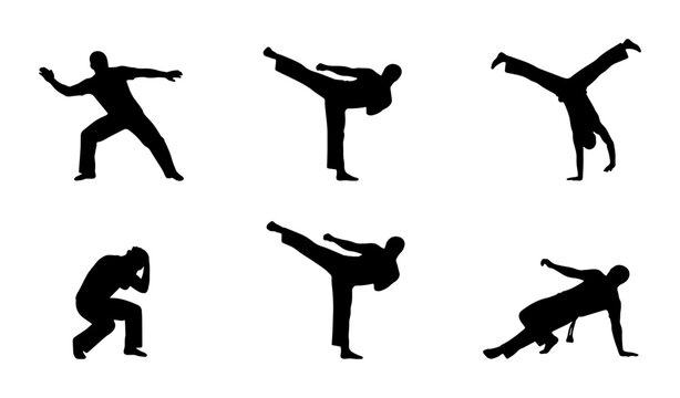 Martial Arts Silhouettes: Dynamic Karate, Kung Fu, and Capoeira Poses, Action Figures Vector Set for Sports and Combat Concepts