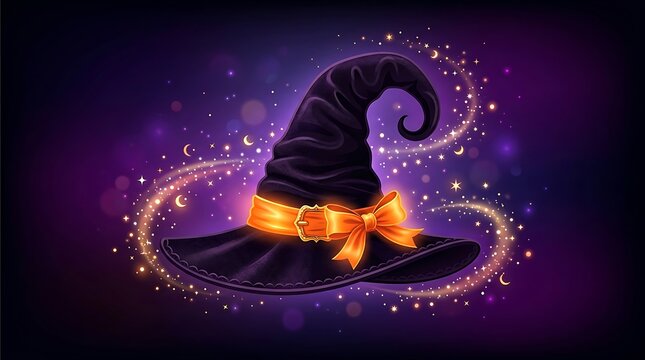 Magical black pointy hat adorned with glowing orange ribbon surrounded by sparkling celestial stardust swirls with purple background shimmering