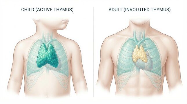 The diagram shows the thymus gland in a child and an adult, highlighting differences in size and appearance of the gland over time.