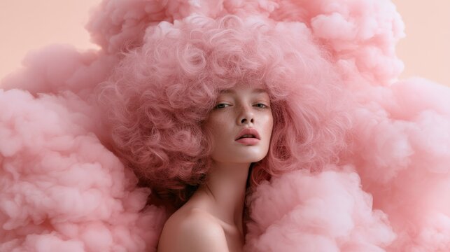 Portrait of young woman with voluminous soft pink curly hair surrounded by pink smoke creating dreamy surreal and artistic effect in beauty photography